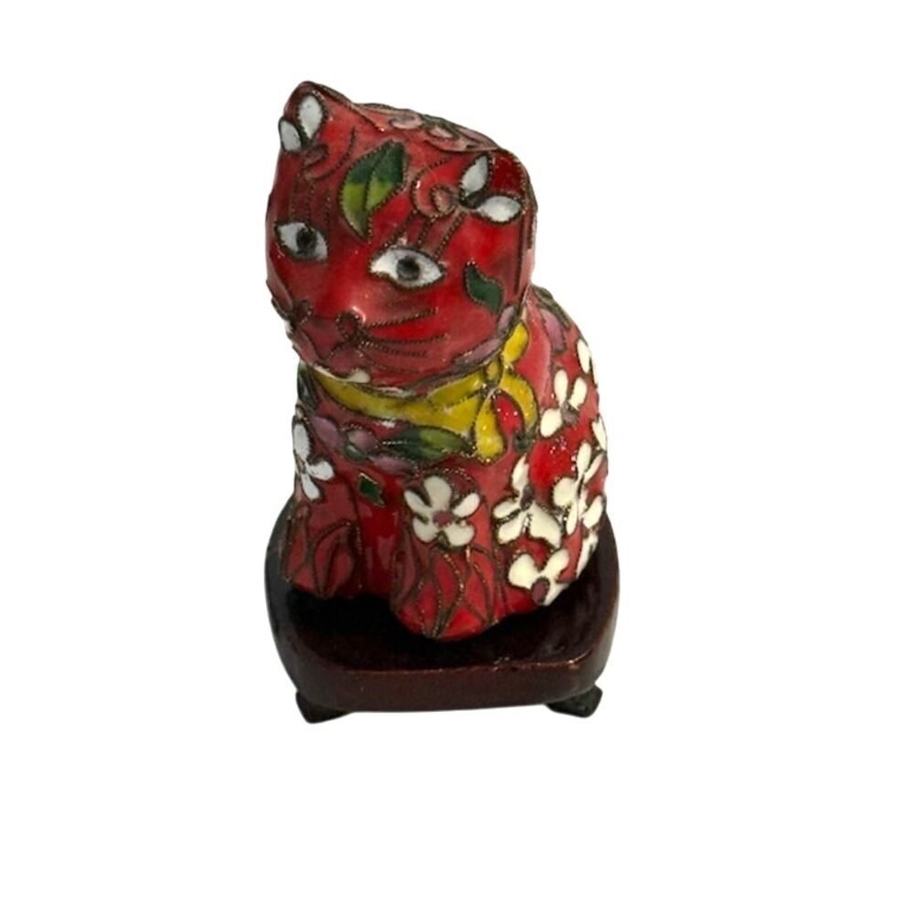 Vintage Cloisonne Red Chinese Cat Figurine  on Stand 3"